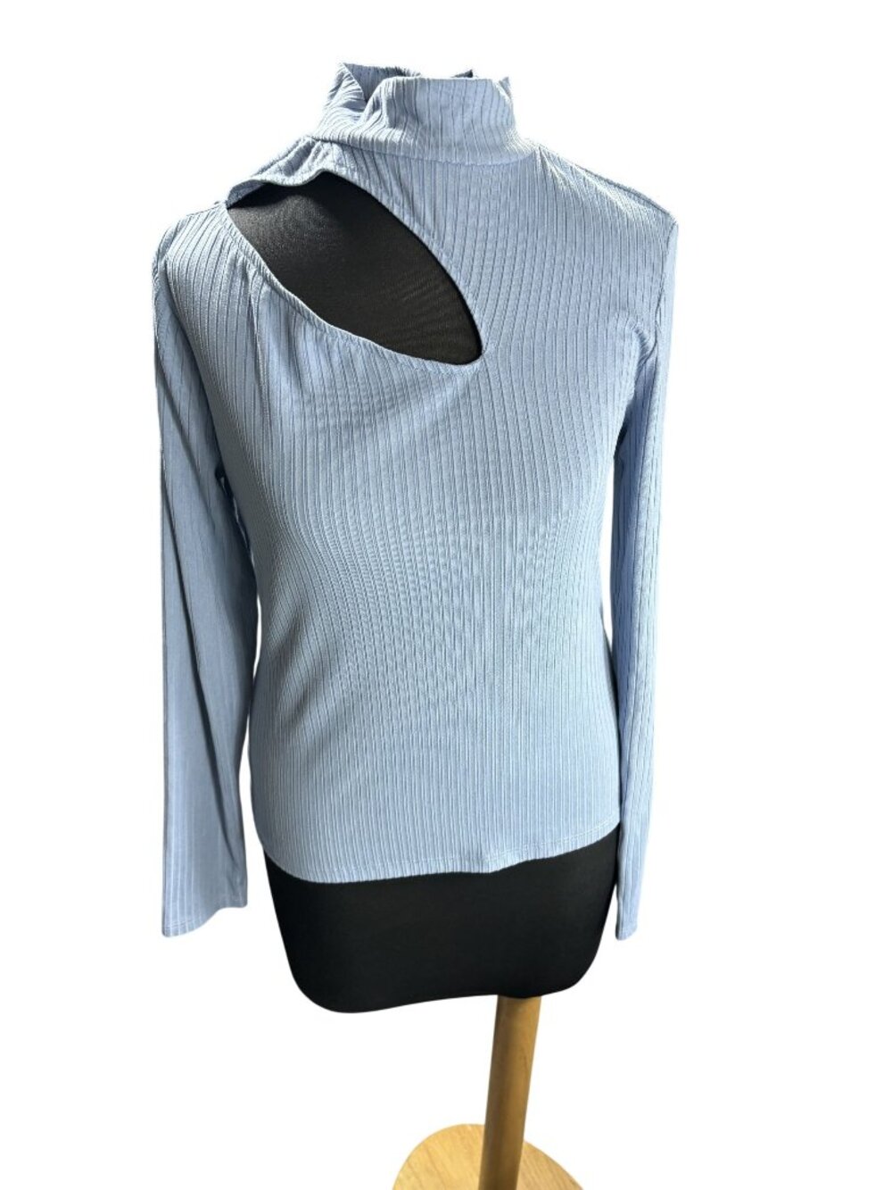 INC International Concepts Ribbed Long Sleeve Cutout Mock Neck Top Blue M